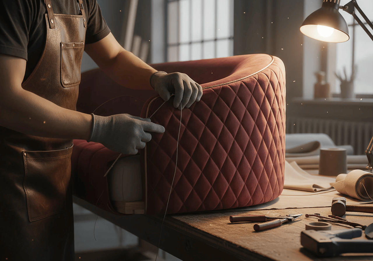 Upholstery craftsman working with fabric in a workshop